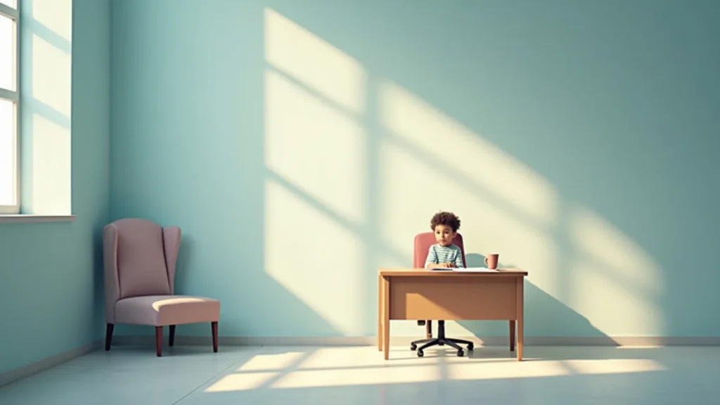Young child sits at a wooden desk doing homework in a sunlit turquoise room with a pink chair nearby and a mug on the desk