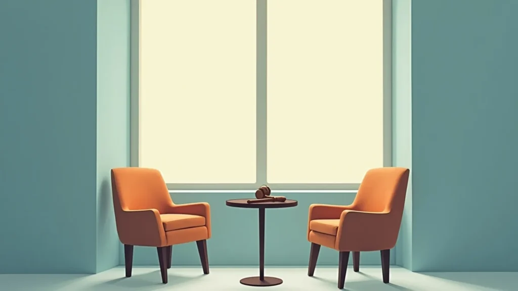 Two orange chairs face a small round table with a gavel between them, in a teal-walled room with a large window behind.
