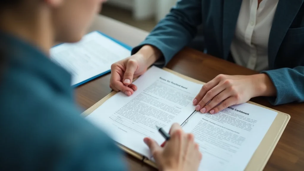 Two professionals sign a contract at a wooden table, with documents in an open binder.