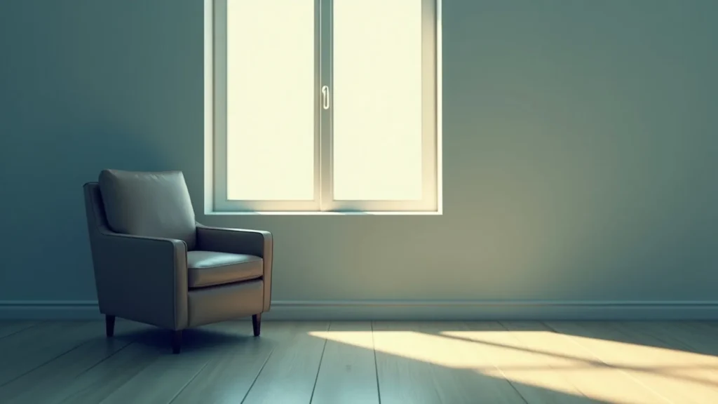 A single beige armchair sits in a sparse room by a large window with sunlight on the wooden floor.