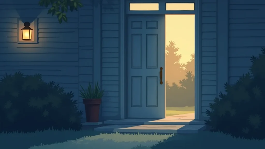Open front door of a blue house at dusk, warm light spilling outside as a path leads to a sunlit yard, with a lantern on the wall and potted plants nearby.