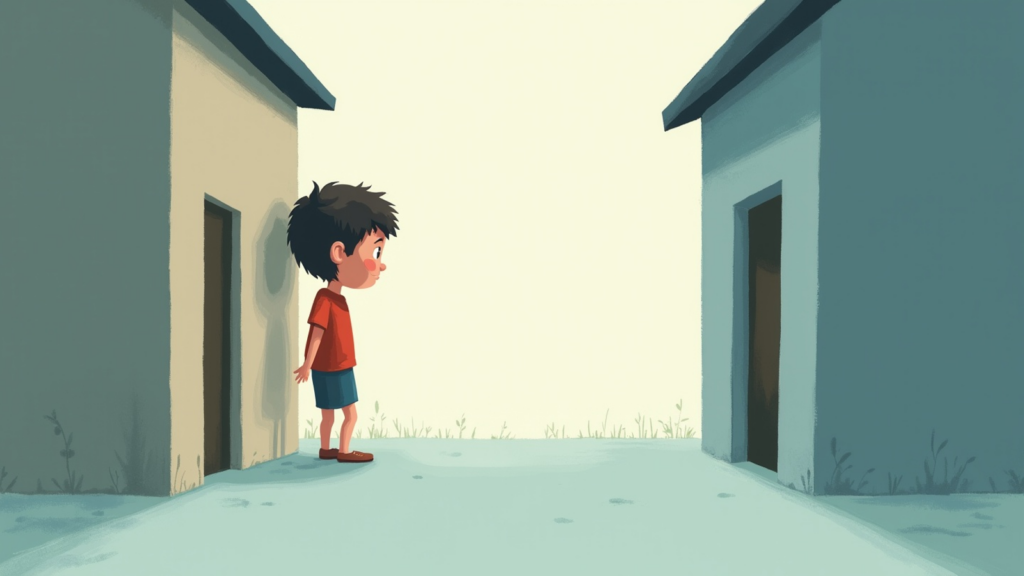 A young boy in a red shirt and blue shorts stands between two buildings, gazing toward a bright open space ahead.
