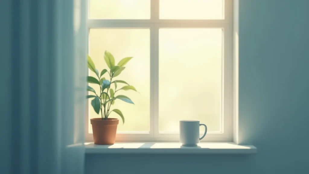 Sunlit windowsill with a potted plant and a white mug, viewed through a sheer curtain.