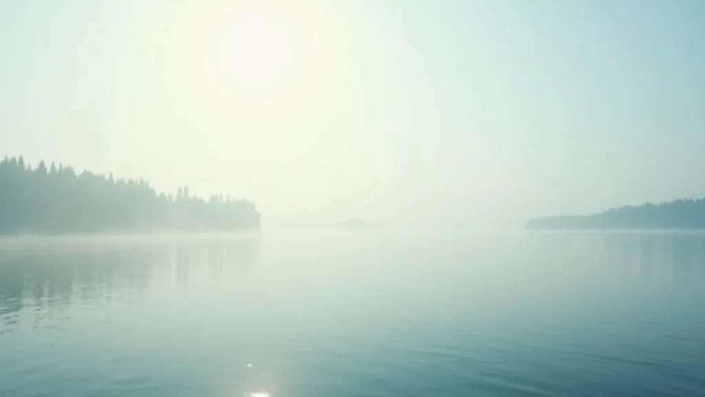 Peaceful early-morning lake scene with mist over calm water and a tree-lined shore in pale blue and beige tones.