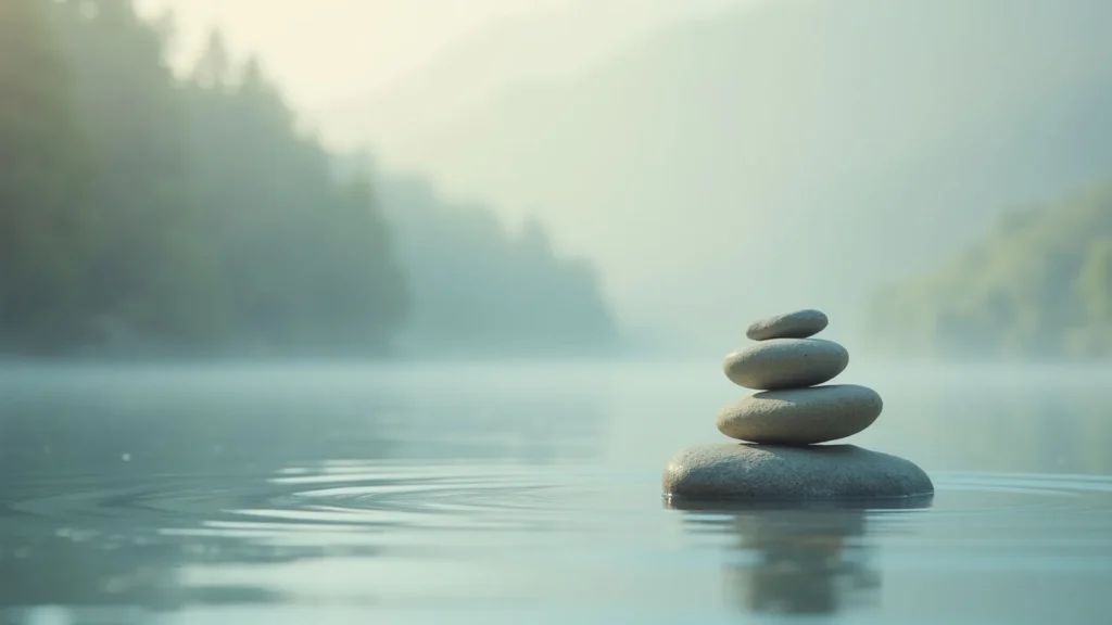 Stack of five smooth stones balanced on a flat rock in calm water, with a hazy forest background and soft sunlight—evoking tranquility and balance.